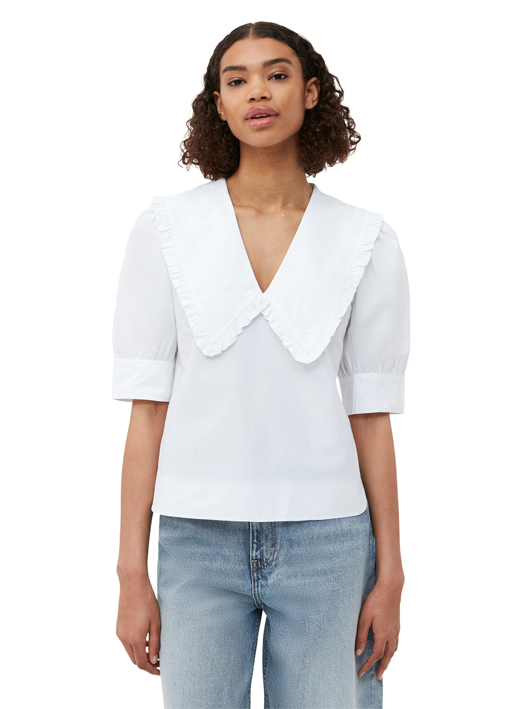 Ganni (Cotton Poplin V-neck Ruffle Blouse) White - WOW concept