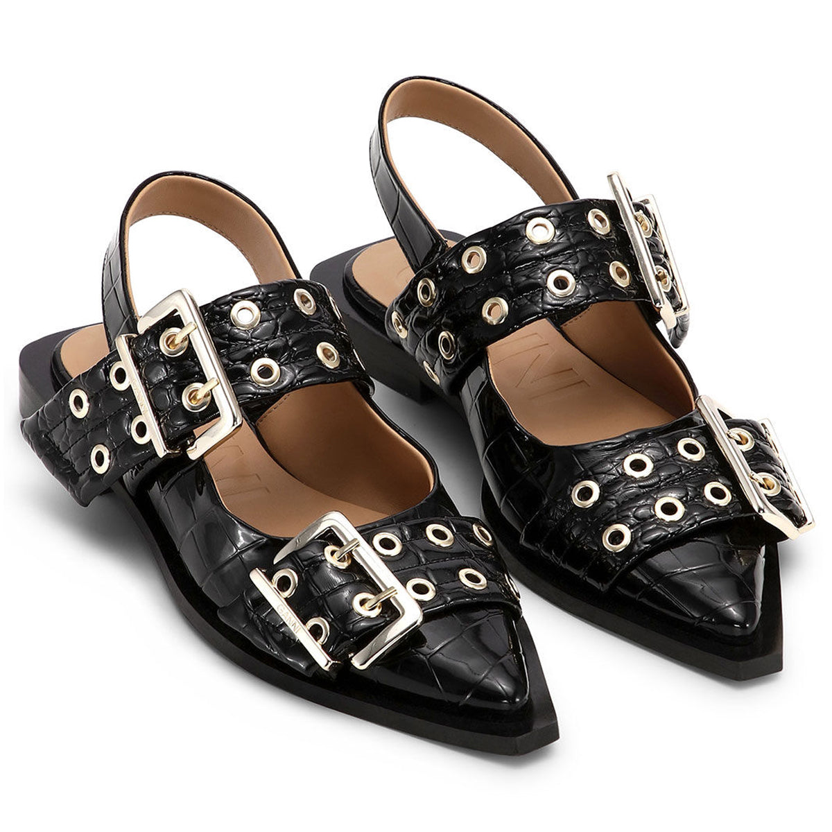 Ganni (FEMININE BUCKLE BALLERINA CROCO) Black - WOW concept – WOW